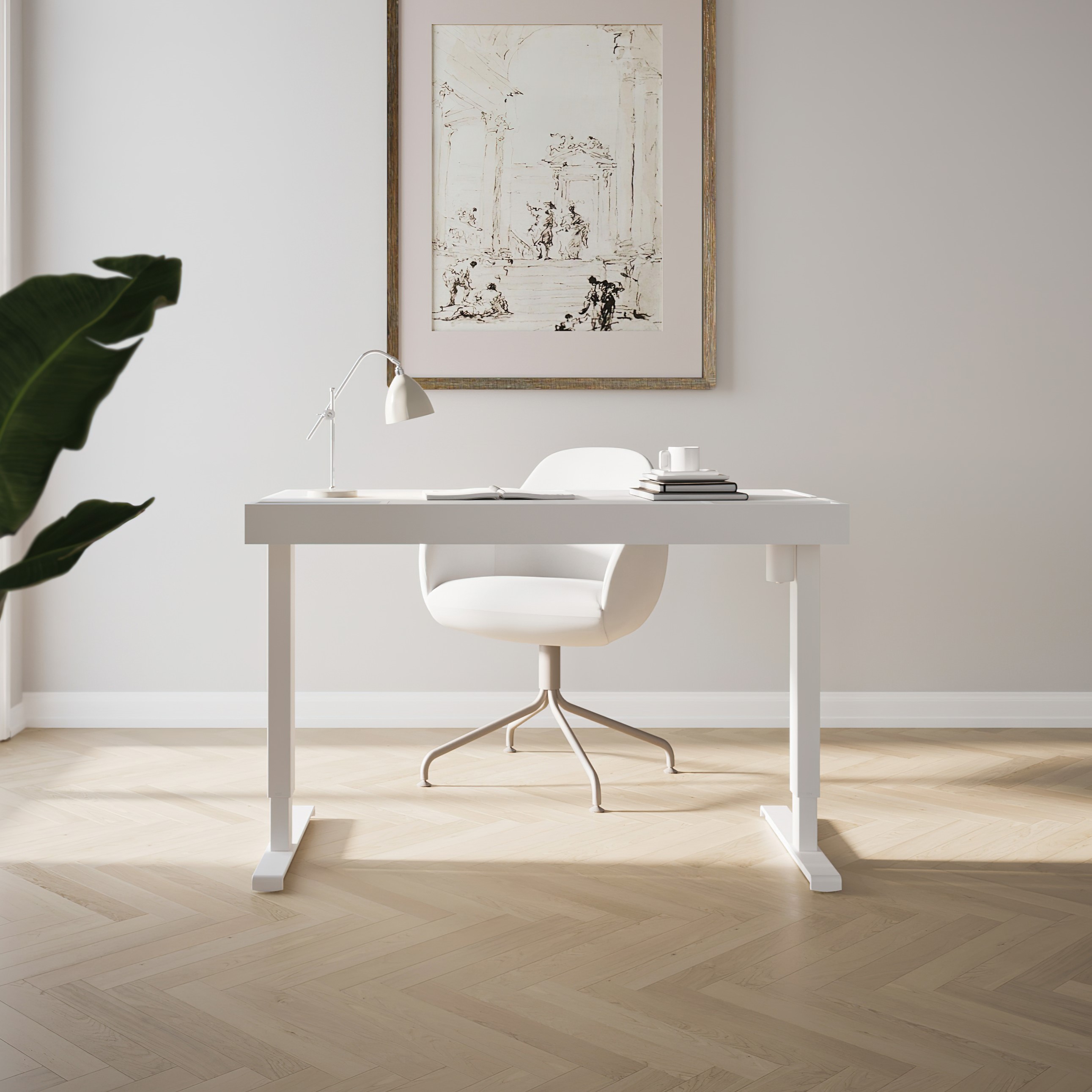 Schreibtisch steh/sitz | x cm |  mit weißem Gestell